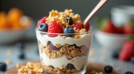 A vibrant yogurt parfait cup, layers of creamy yogurt and granola being stirred together