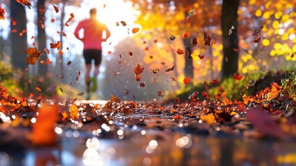 Runner in neon gear on forest path with flying leaves during autumn captured from behind