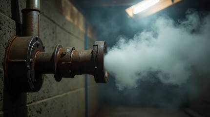 Fototapeta premium Aged metal pipe emitting thick white steam in a dimly lit basement, visible moisture and vapor swirling in the cool air with textured concrete walls in the background.