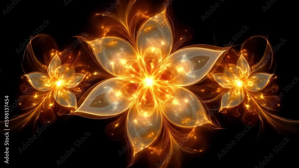Poster golden floral pattern animation with glittering lights on a dark background that is smooth and