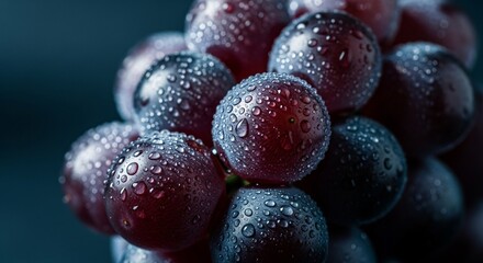 Fresh Dark Purple Grapes with Dewy Water Drops on a Moody Background
