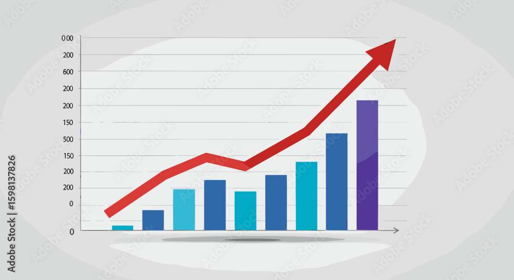 Poster growing bar graph with upward trend arrow on grid background