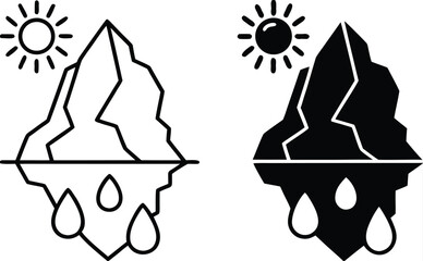 Ice Melting Icons. Black and White Vector Icons. Sun and Melting Glacier. Global Warming. Ecological Problem. Climate Change Concept
