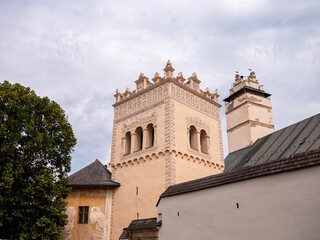 View of Basilica of the Exaltation of the Holy Cross and Renaissance belfry in Kežmarok, Slovakia,...