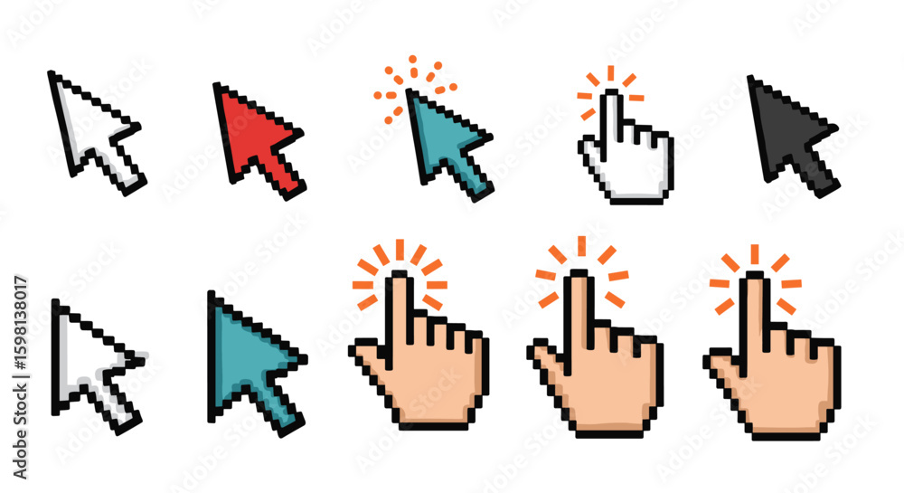 Poster pixel art cursor icons set: arrows and hands with click animation