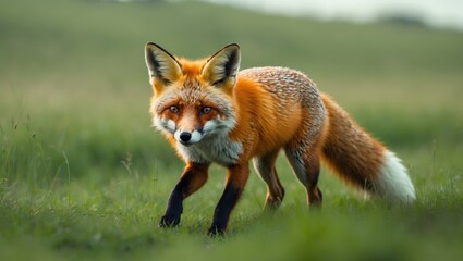 Obraz premium A red fox standing on green grass in a natural outdoor environment.