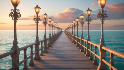Obraz premium A wooden pier extending into the ocean at sunset, lined with ornate street lamps, creating a symmetrical perspective over the water.