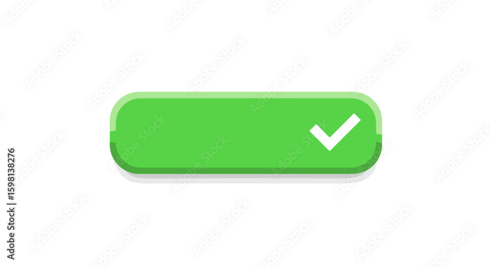 Poster green button check mark icon on rounded rectangle shape in 3d design