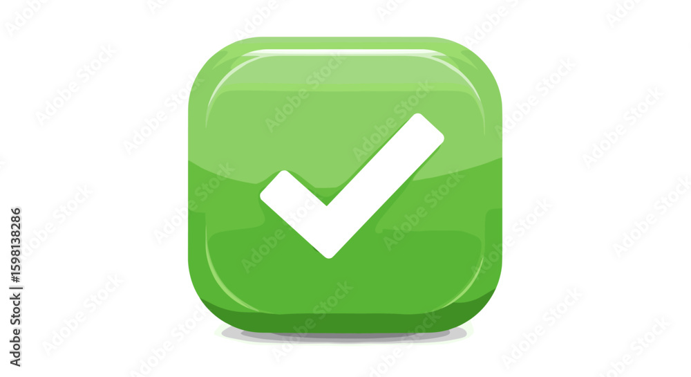 Poster green checkmark icon with glossy 3d effect on square background