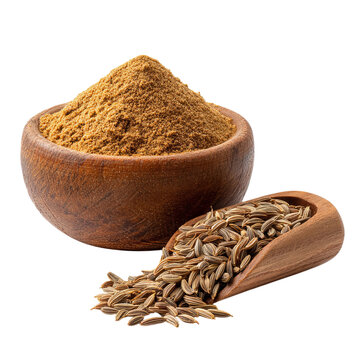 PNG of A wooden bowl filled with fragrant cumin powder beside a scoop of cumin seeds, showcasing earthy tones and rustic charm.