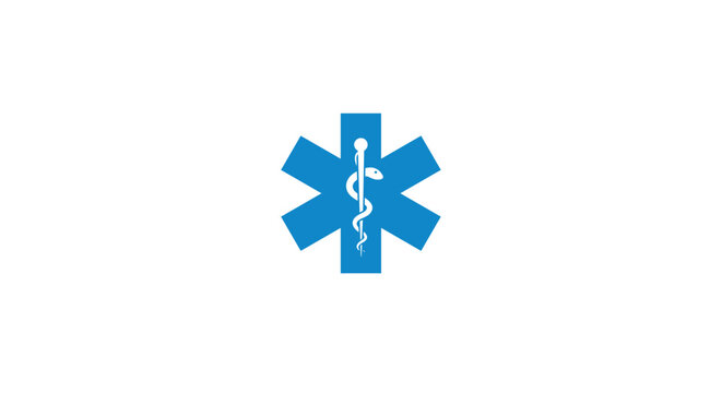 Blue medical symbol with rod of asclepius on white background
