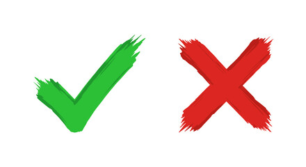 Bold green check mark and red cross brush strokes on white background