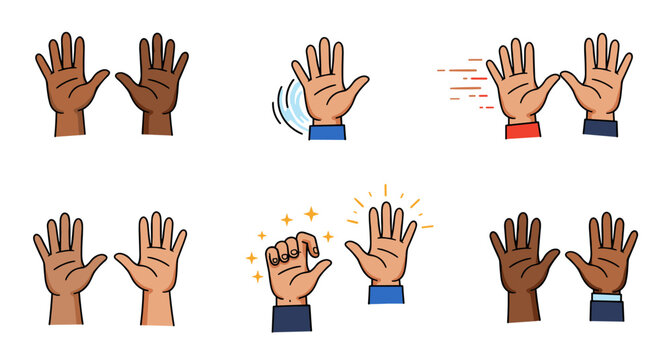 Diverse hand gestures set with animated movements and emotions