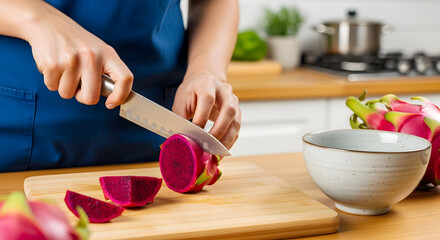 Chef Preparing Dragon Fruit For A Refreshing Tropical Fruit Salad