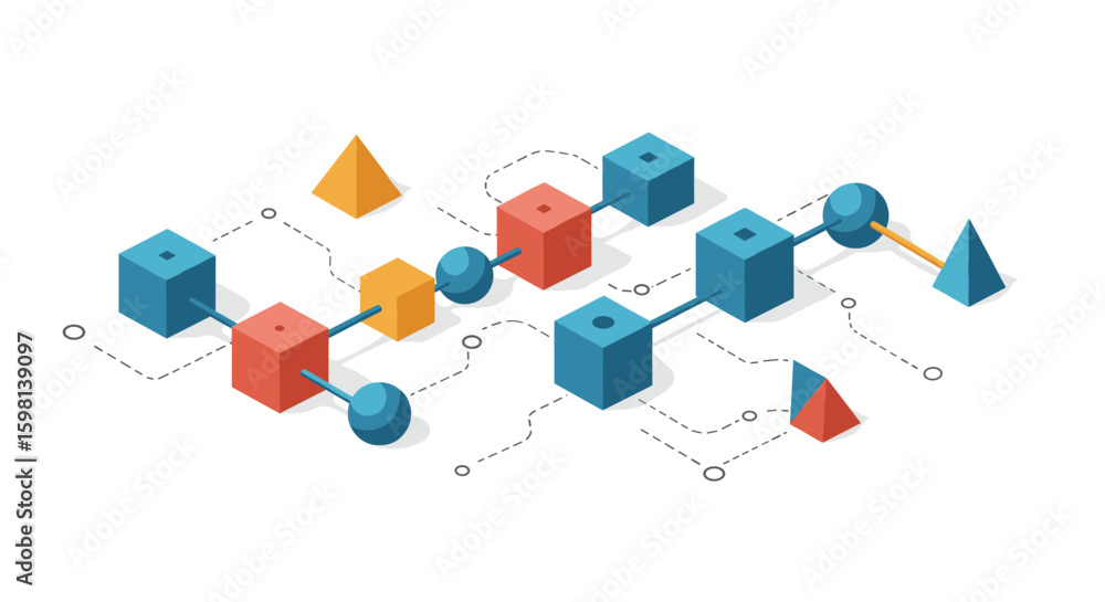 Poster isometric blockchain network design with geometric shapes and connecte