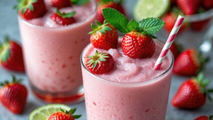 Fresh strawberries and lime in a strawberry smoothie with a straw, garnished with strawberries and mint. Refreshing fruit beverage.