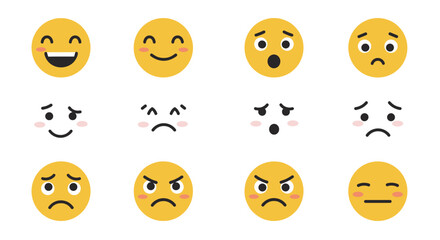 Expressive emoji faces with varied emotions in flat design