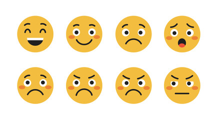 Set of eight flat emoji faces showcasing different facial expressions