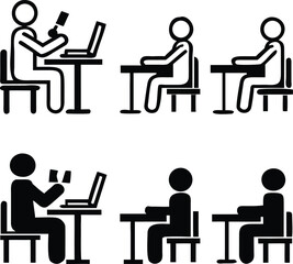 Classroom Icons. Black and White Vector Icons. Teacher Teaches Children in Class. Pupils Sitting At Desks, Learning Process. Education and School Concept
