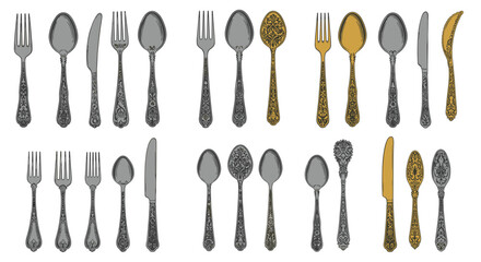 Elegant cutlery set featuring ornate silver and gold utensils