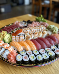Photograph of a beautifully arranged sushi platter served in an authentic Japanese restaurant. The dish features an assortment of fresh sushi, including salmon, tuna, and shrimp nigiri.