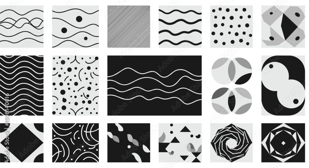 Poster geometric black and white patterns featuring waves and abstract design