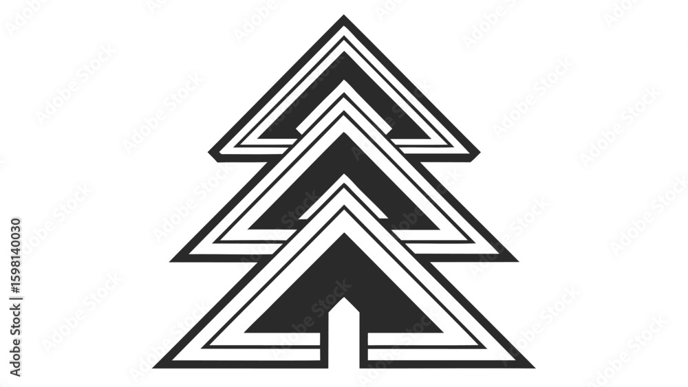 Poster stylized christmas tree formed by overlapping triangles with black and white color scheme design ele