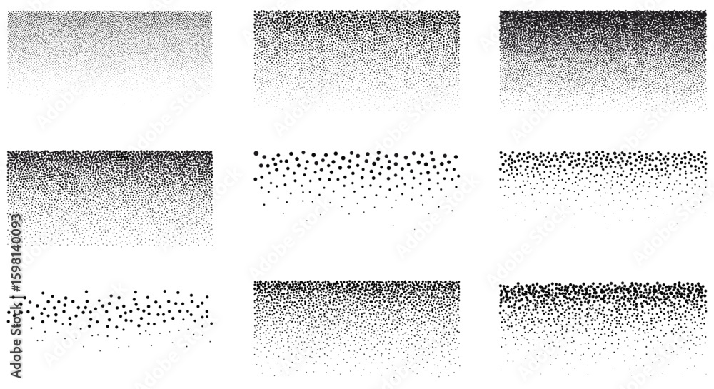Poster abstract halftone patterns set with diverse dot gradients in black and