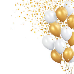 Gold and white balloons with confetti on black background