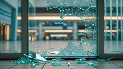 Shattered glass at an airport terminal window, with debris scattered on the floor. Disaster, breakage, and safety concept. The image of damage and destruction.