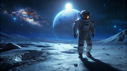 Naklejka premium Astronaut on Moon Surface During Spacewalk at Night 