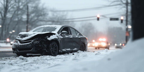 Damaged car sits abandoned in the snow after an accident on a cold, foggy winter day with emergency vehicles in the background.
