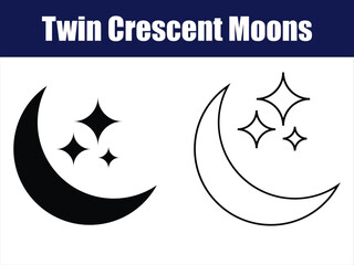Twin Crescent Moons with Sparkling Night Sky Stars. Outlined and solid crescent moons with stars, symbolizing nighttime themes in minimalist style.