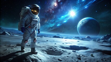 Obraz premium Astronaut on Moon Surface During Spacewalk at Night 