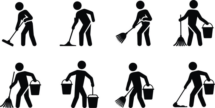 Stick figure cleaning actions with mops and brooms
