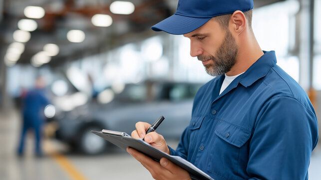 Car mechanic in uniform writes on a clipboard while inspecting vehicles in a modern auto repair workshop.