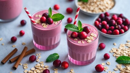 Two glasses of raspberry smoothie topped with cranberries, mint leaves, and oats, surrounded by cranberries, oats, cinnamon sticks, and other ingredients.