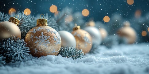 Golden and white ornaments on frosted pine branches christmas ornaments silver