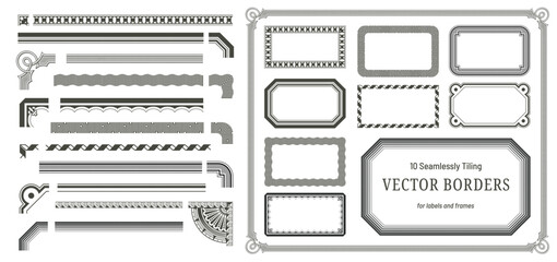 set or collection of 10 seamlessly tiling vector borders for labels, frames, covers, packaging design and more, seamless design elements with corners