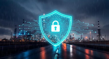 Digital Security Shield Concept Over Industrial Background