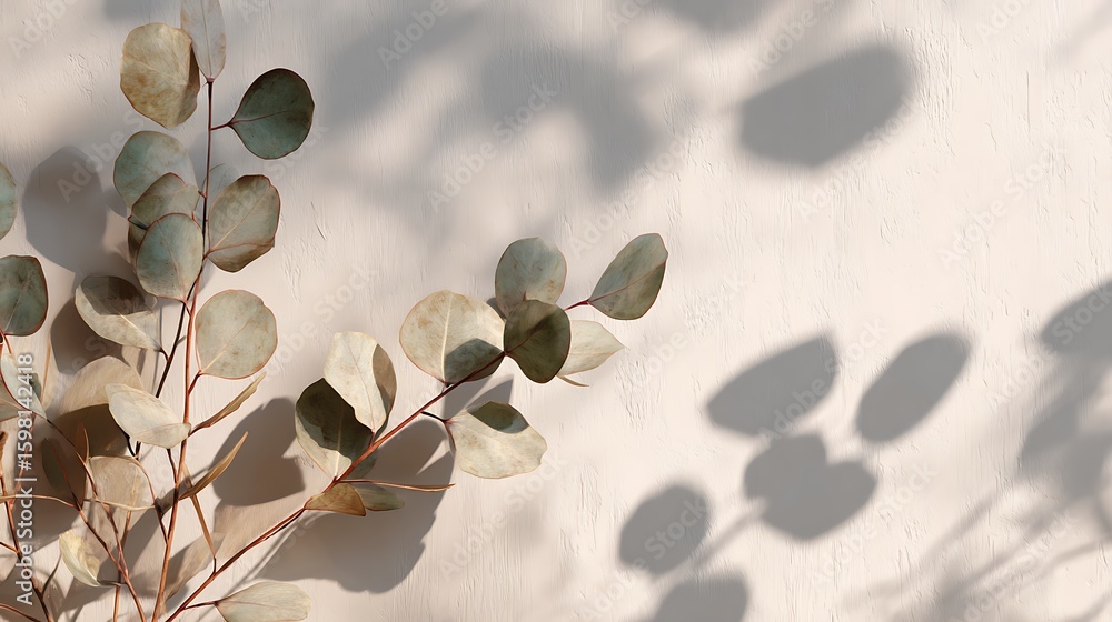 Aufkleber eucalyptus branch with soft sunlight and shadow patterns on textured wall background