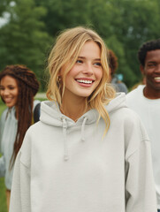 Obraz premium Young woman smiling while standing with friends outdoors in summer 