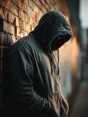 Man wearing a hoodie standing against a brick wall at sunset  