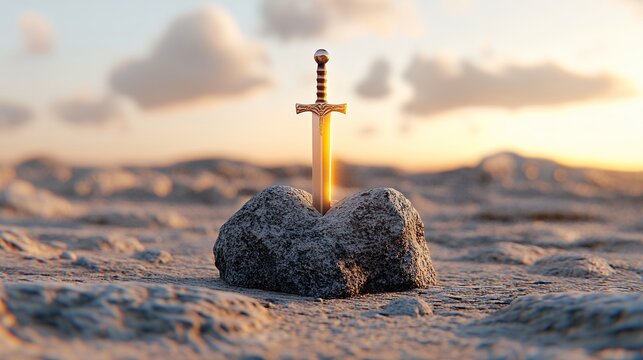 Fototapeta Medieval Sword in Sunset Landscape