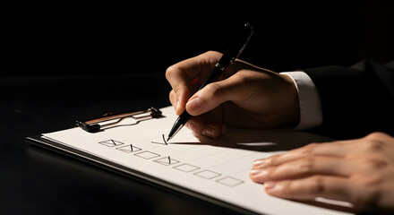 Completing Checklist Using Pen, Hand of Business Person, on Paperwork