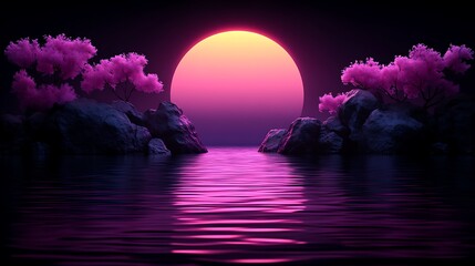 Pink blossoms on a rocky isle at night.