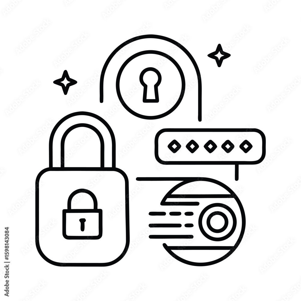 Poster handdrawn line drawing a padlock keyhole password signal waves vector