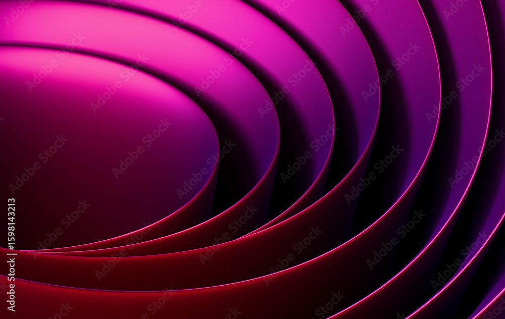 Poster flowing concentric circular waves in vibrant pink purple color spectrum with luminous edge lighting 