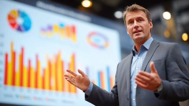 Professional business man presenting data analysis report with colorful charts, graphs and statistics in corporate meeting, showing financial insight and strategic presentation.