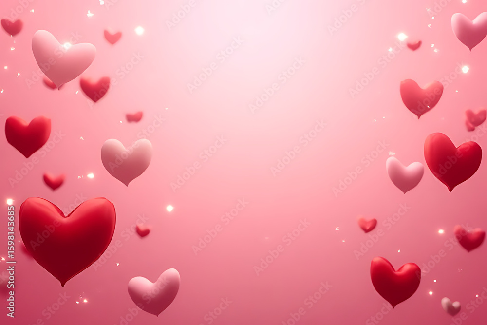 Poster pink and red heart shapes floating against a soft pink gradient background with sparkling light effe